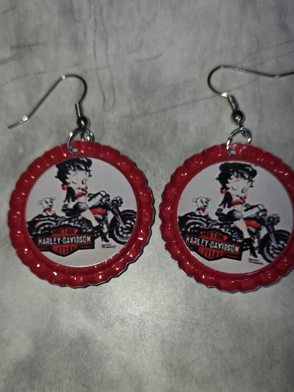 Harley-Davidson Red Betty Boop Motorcycle Bottle Cap Dangle Earrings